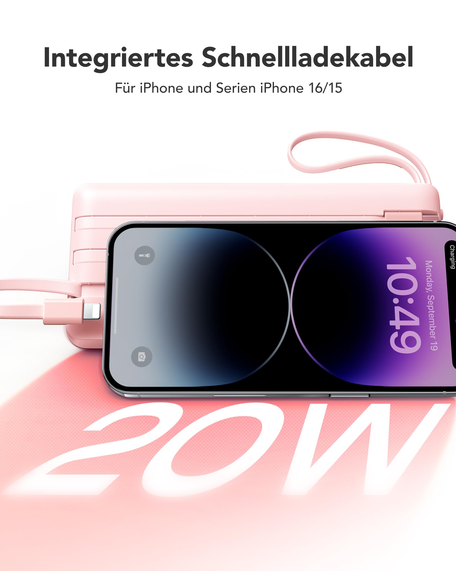 VRURC Powerbank 22.5W Schnelles Aufladen, 20000mAh Power Bank mit Kabel Tragbares Ladegerät USB C LED Display Externer Handyakkus Smartphone Kompatibel mit iPhone, Huawei, Samsung usw - Rosa