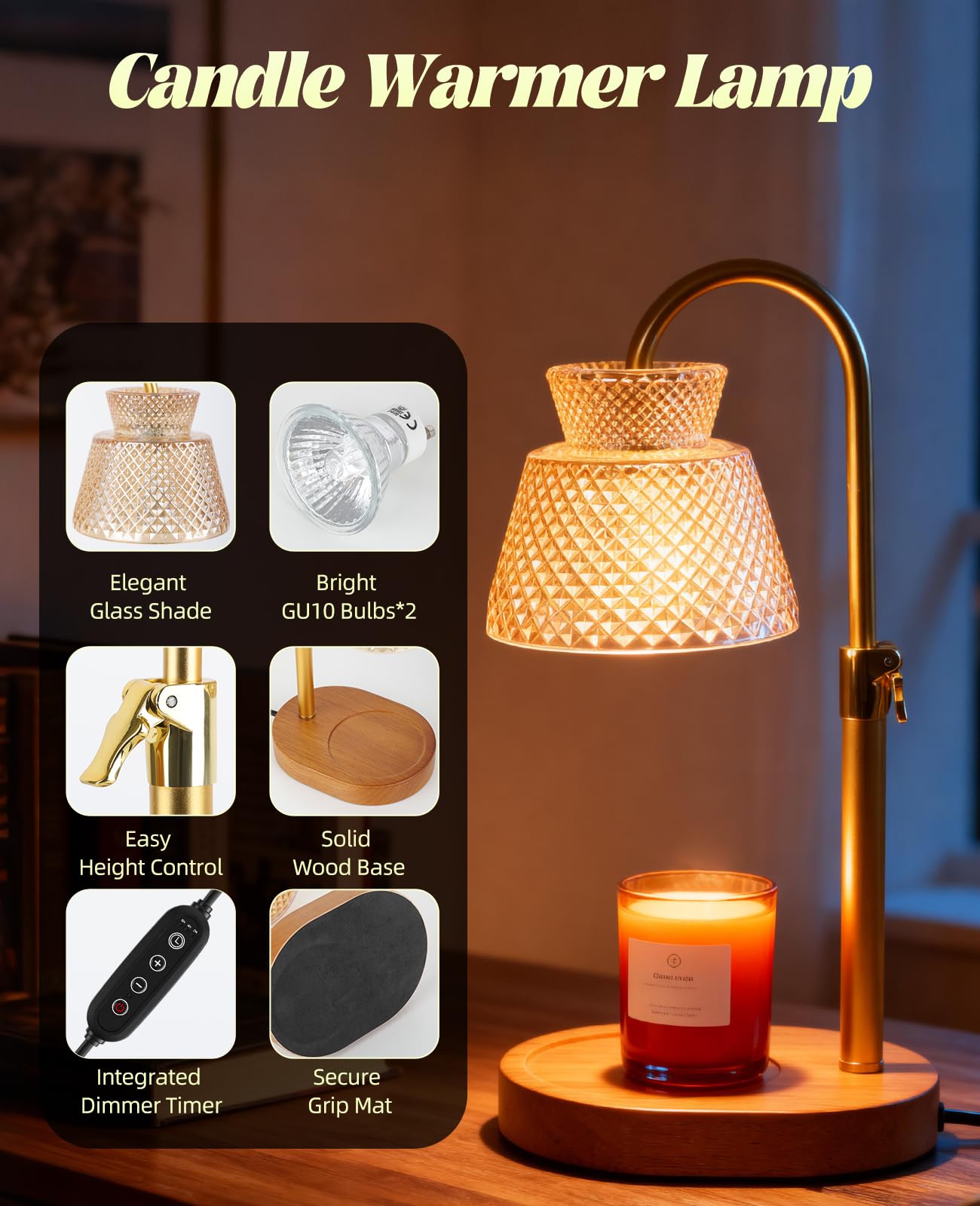 Lampada riscaldante per candele con timer, dimmerabile, altezza regolabile con lampadina, per candele profumate, decorazione per la casa, regalo di compleanno per donne e mamme