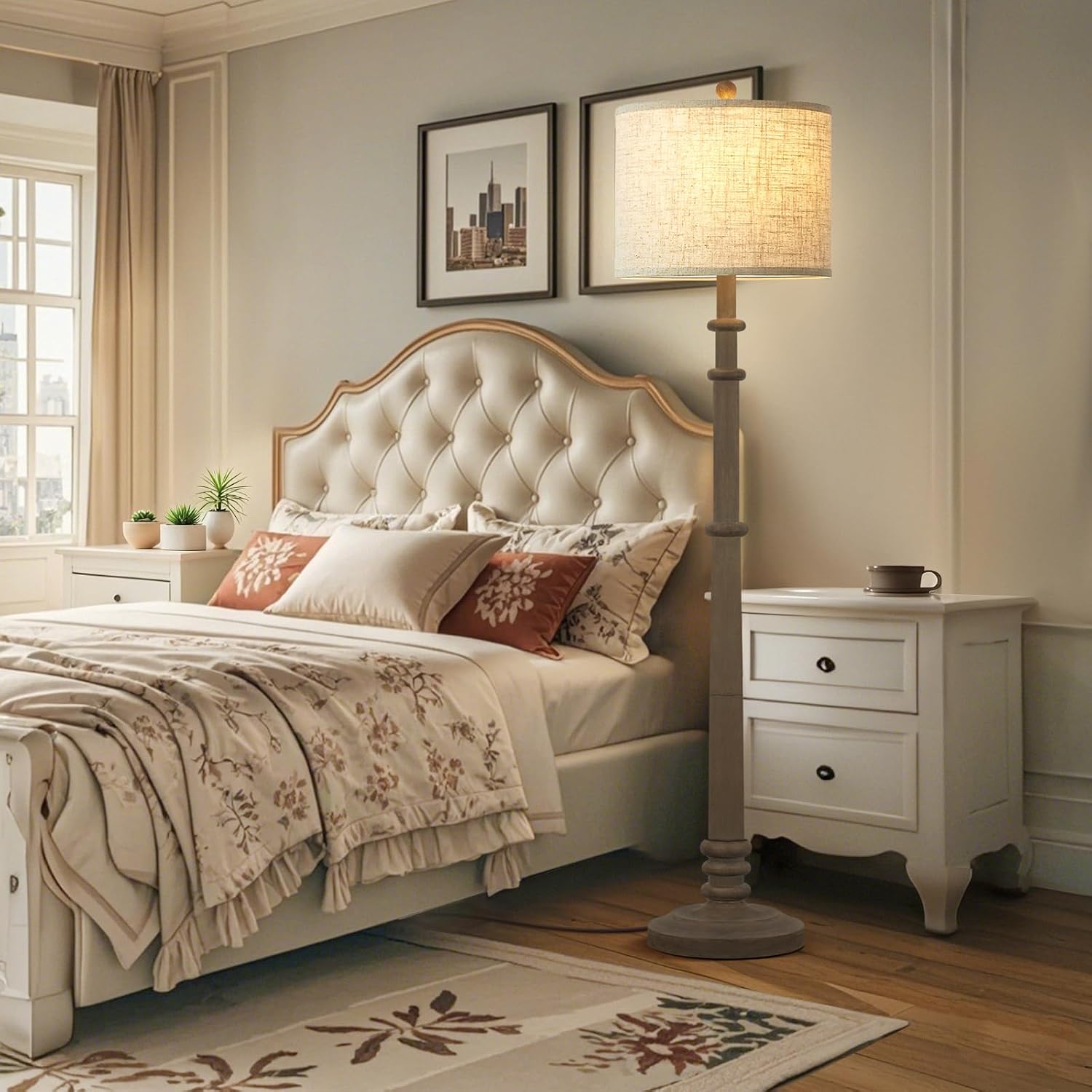 Floor Lamps for Living Room - 60" Resin Farmhouse Floor Lamp with Adjustable Color Temperatures - Vintage Standing Lamp Reading Light with Linen Shade Retro Tall Lamp for Bedroom Office, Grey