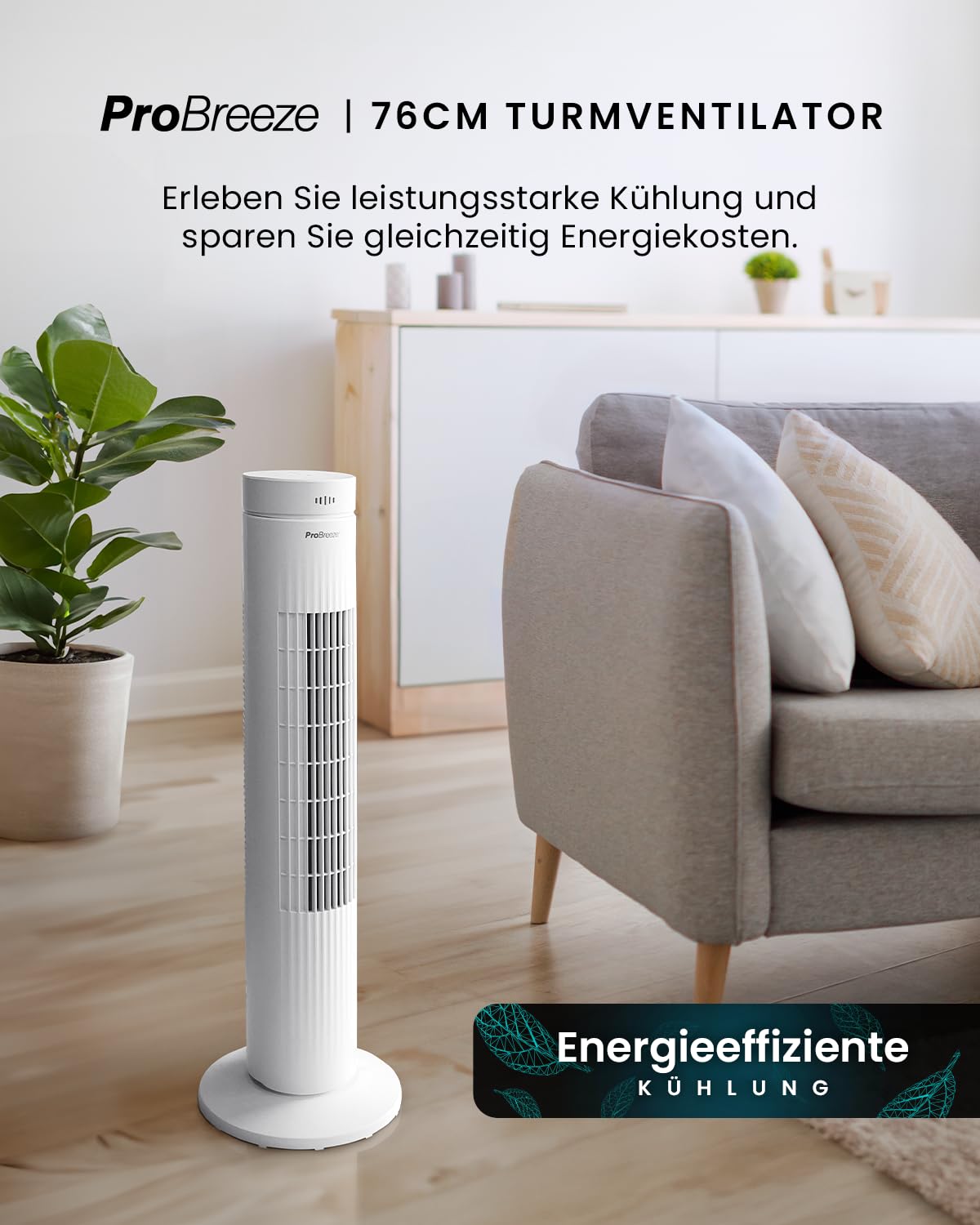 Pro Breeze Turmventilator mit Fernbedienung, 76cm Höhe - Ventilator 65° Oszillation, Timer, 3 Geschwindigkeiten – Leistungsstarker & energieeffizienter Ventilator leise für Schlafzimmer und Büro
