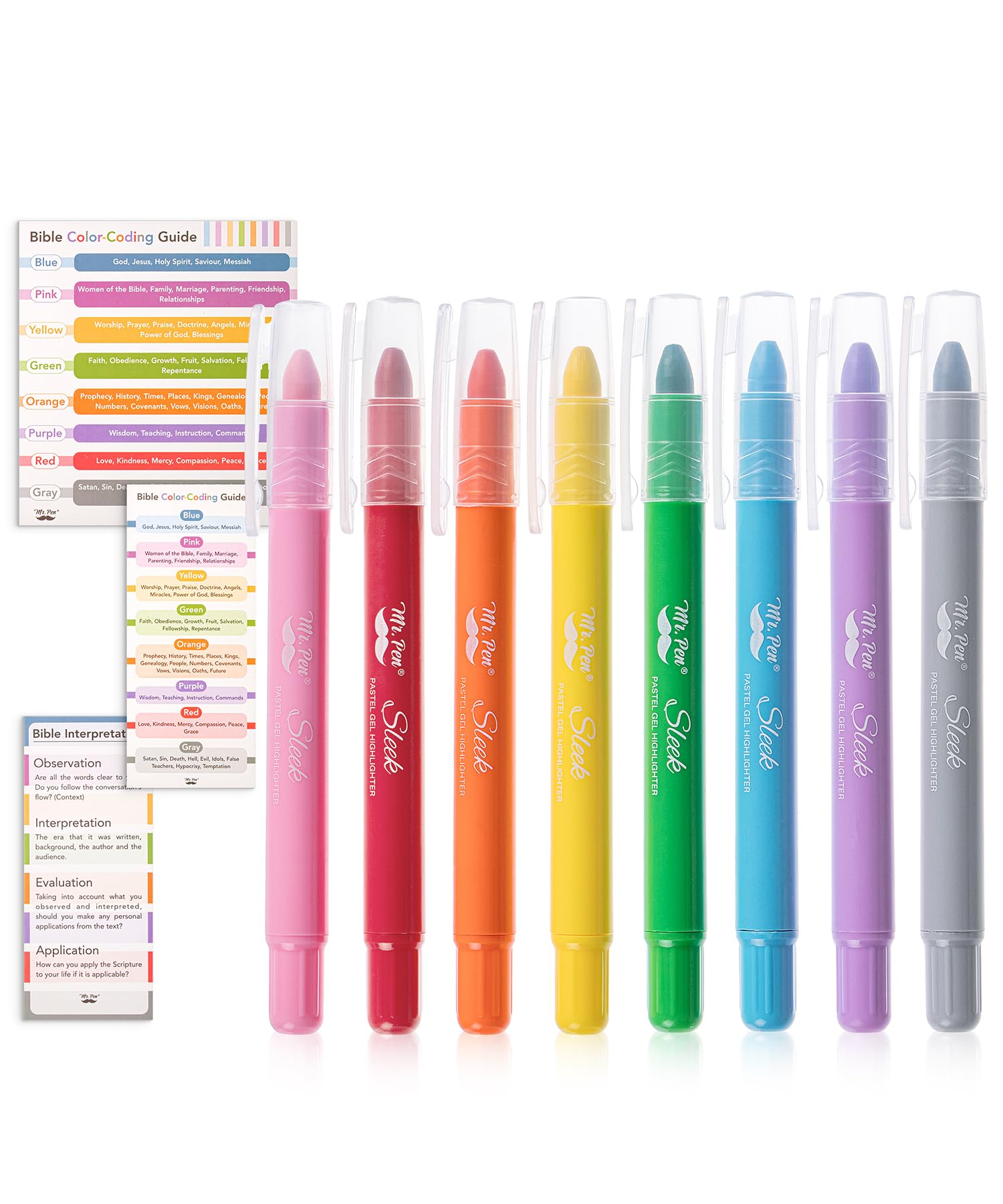 Mr. Pen- Gel Highlighters, 8 Pack Assorted Colors, Bible Highlighters No Bleed with Bible Color Coding and Interpretation Guide