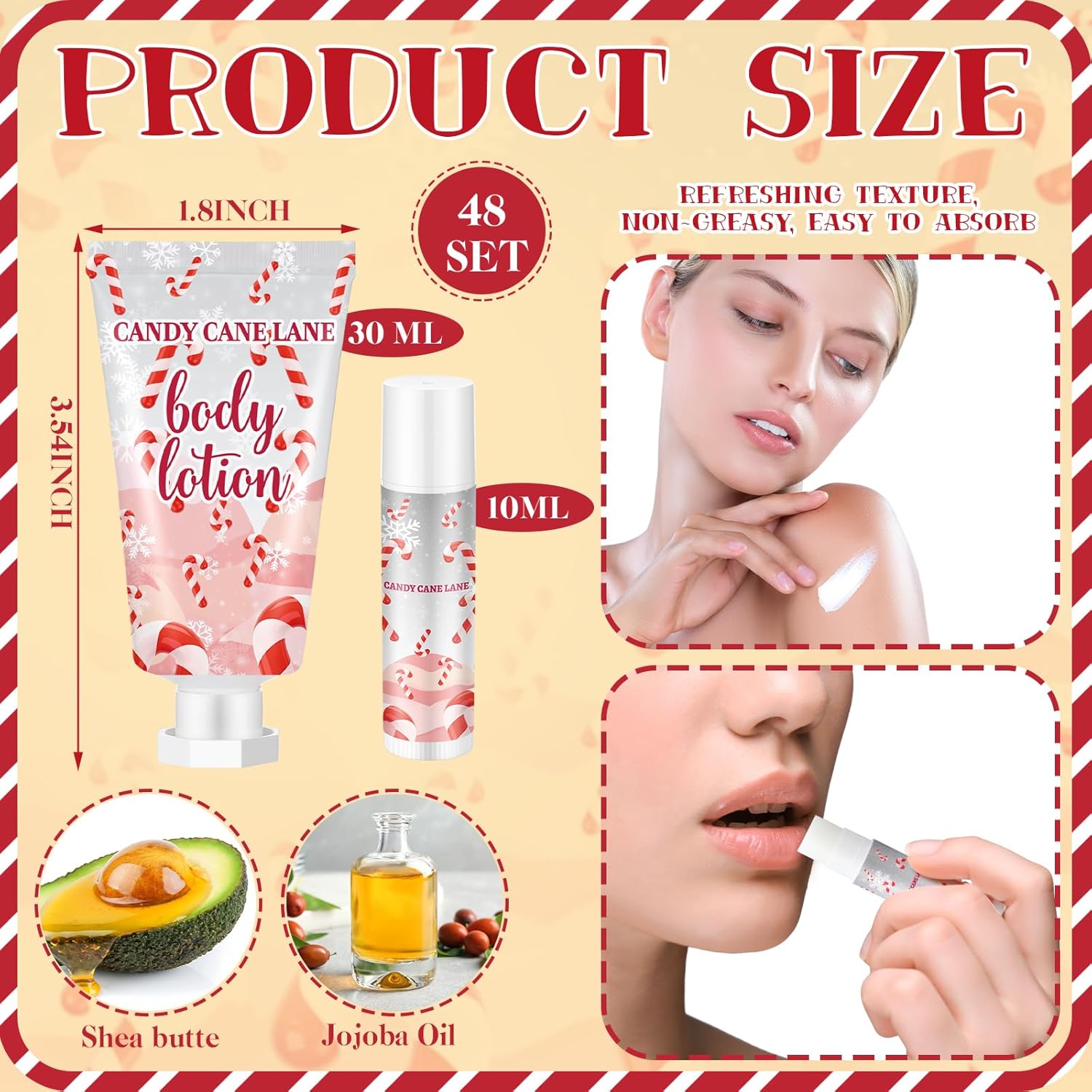 48 Set Christmas Candy Peppermint Cane Lip Balm and Body Lotion Bulk Christmas Hand Cream for Women Peppermint Lip Balm for Women Men Travel Size Body Lotion Gift
