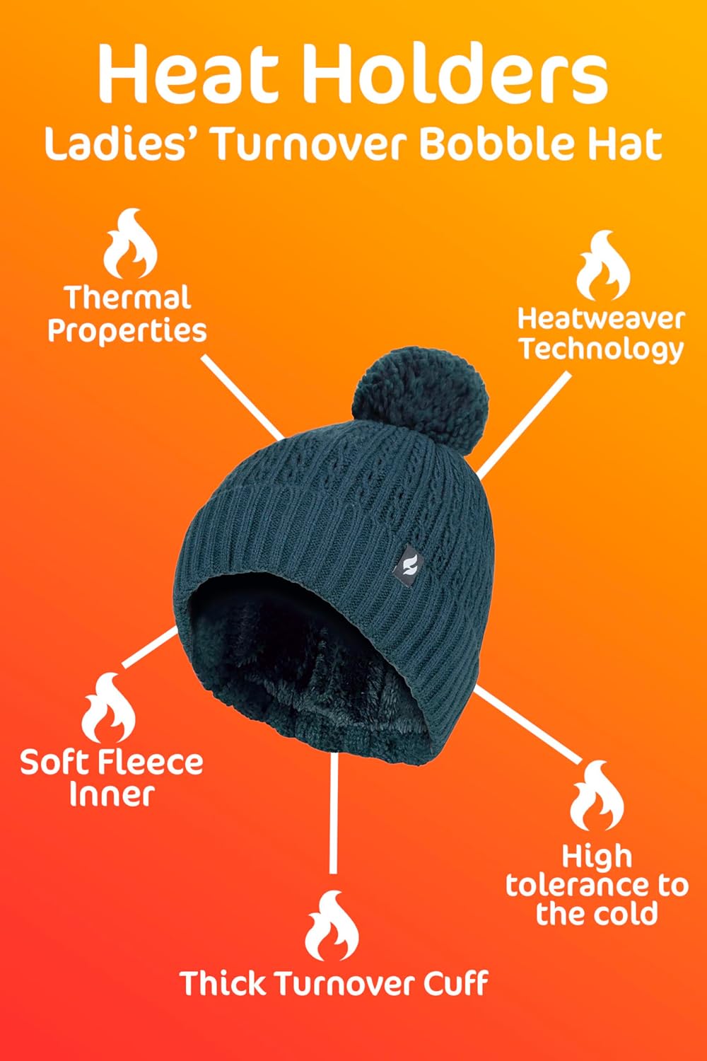 HEAT HOLDERS Womens Winter Pom Pom Hat Knitted Cable Beanie Bobble Hat