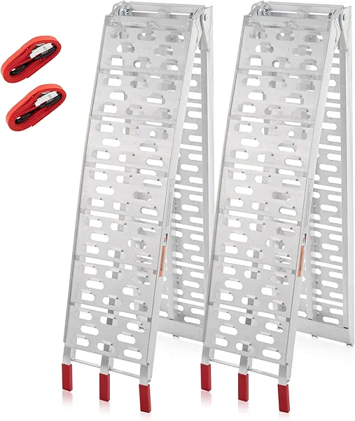 Motorhot 2Pcs 7.5FT Aluminum Loading Ramps for Lawnmower ATV UTV Truck Folding Ramps with Support Legs &Load Straps for Motorcycle Snow Blower Dirt BikeLawnmowers, 1500lbs Capacity, 89.8" Lx11 W Each