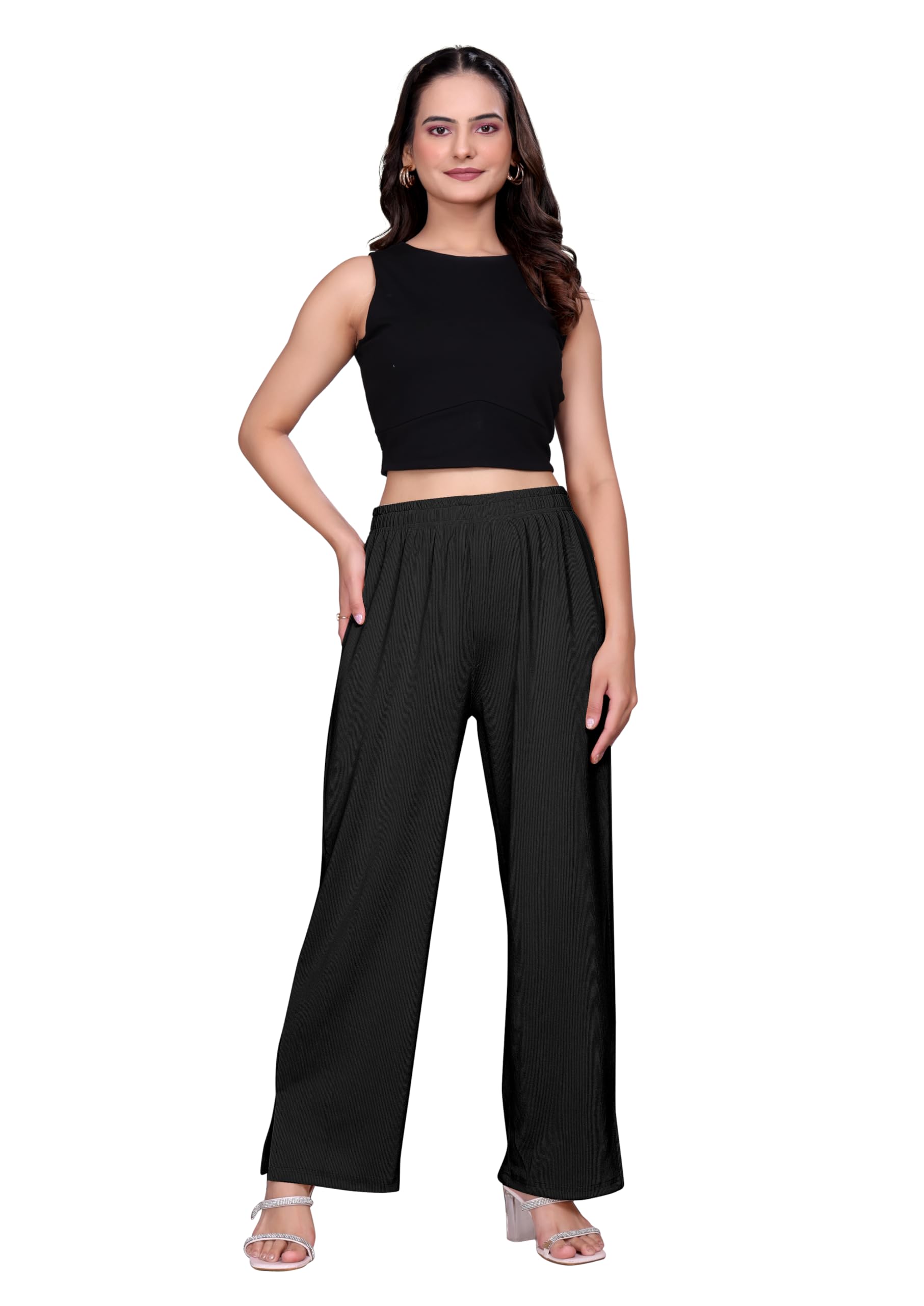 SORA Women Waffle Knit Wide Leg Stretch Pants | Cozy Flexible Fabric Trousers for Home, Office & Casual Outfits-image-37
