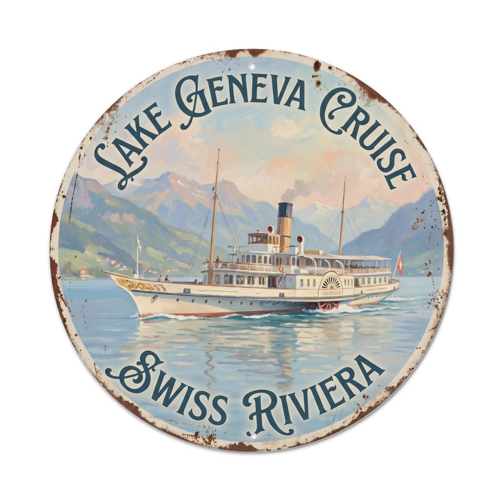 Okahys 8X8inch(20X20cm) Vintage Travel Lake Boat Switzerland Metal Tin Sign
