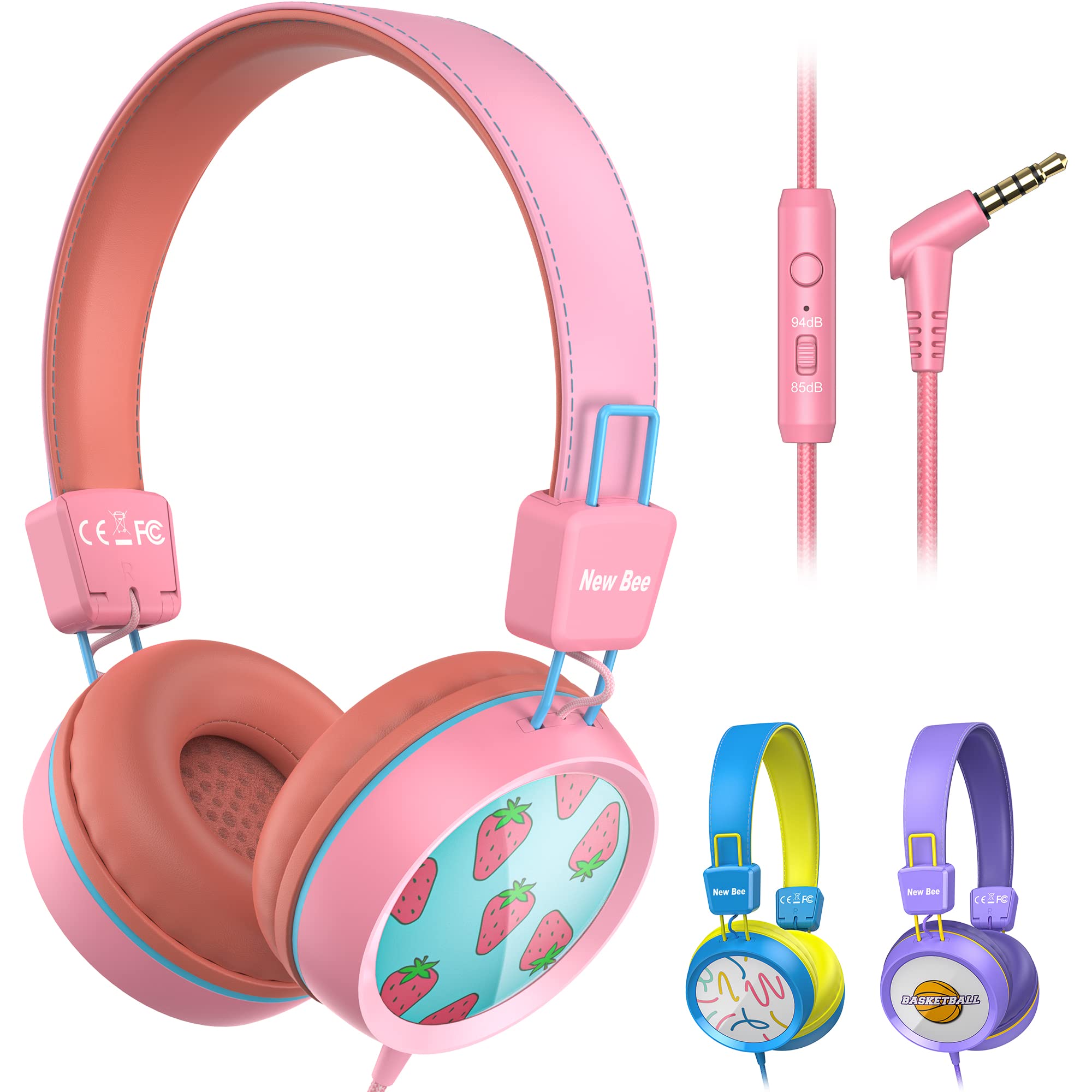 Kids Headphones for School with Microphone New bee KH20 HD Stereo Safe Volume Limited 85dB/94dB Foldable Lightweight On-Ear Headphone for PC/Mac/Android/Kindle/Tablet/Pad (Pink)