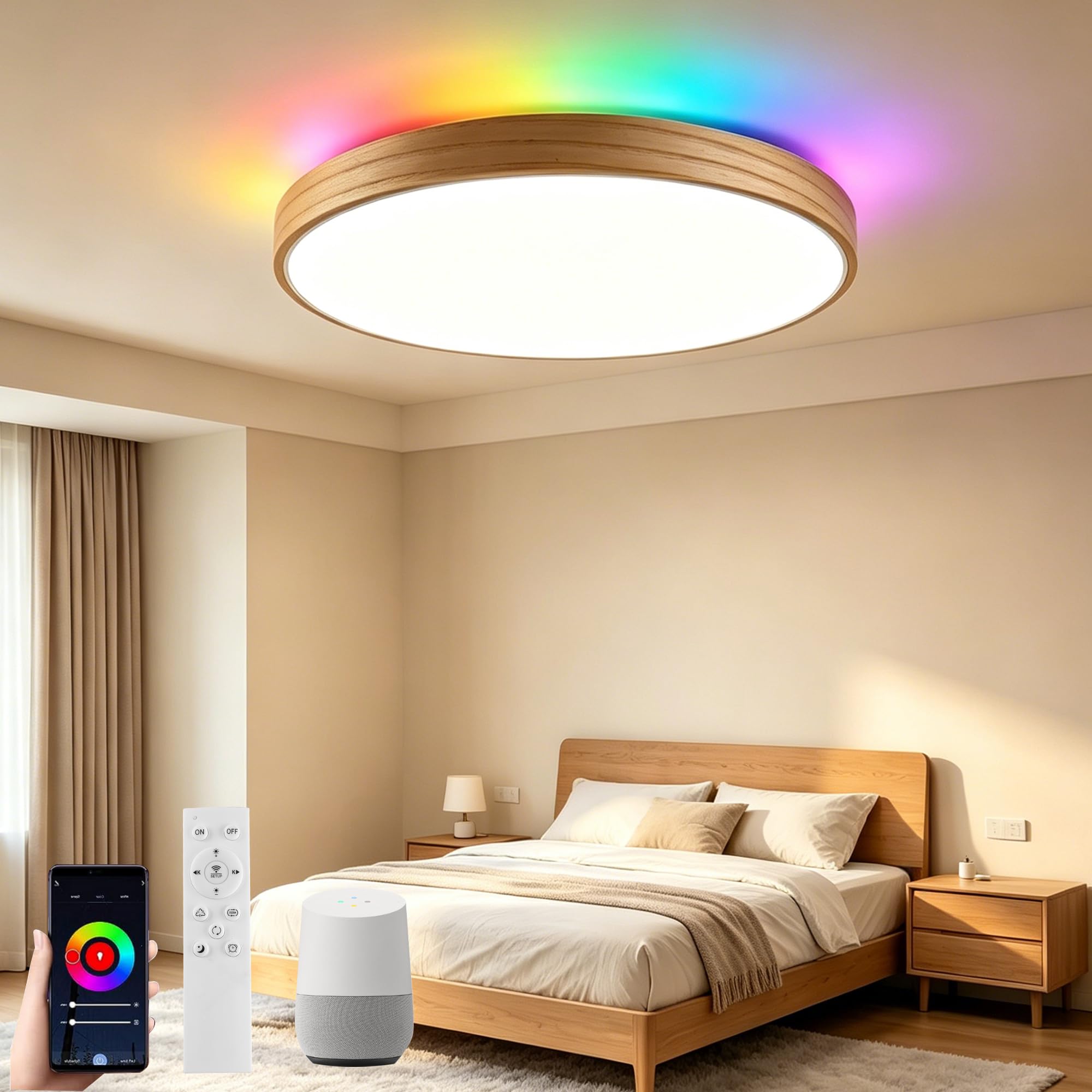 Plafoniera LED Smart WIFI, Luce LED Dimmerabile con Alexa Google Home, Plafoniera da 12 Pollici 28W RGB a Colori Variabili con Telecomando, Luce in Legno Naturale per Camera da Letto