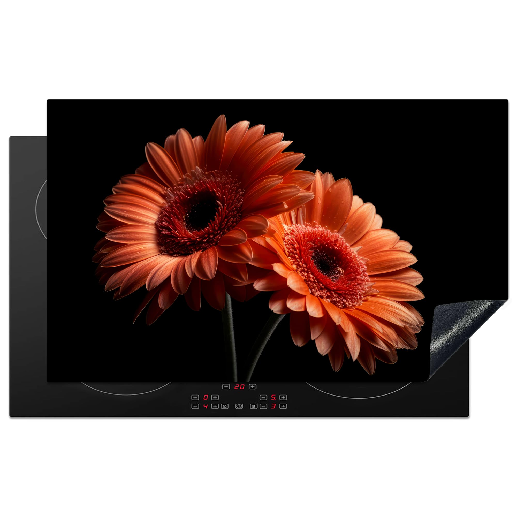 KitchenYeah© Induction Hob Cover Protector Mat 20.5"x33.5" / 85x52 cm Kitchen Universal Ceramic Covers for Electric Cookers Vinyl Flowers - Botanical - Gerbera - Orange - Black — image 1