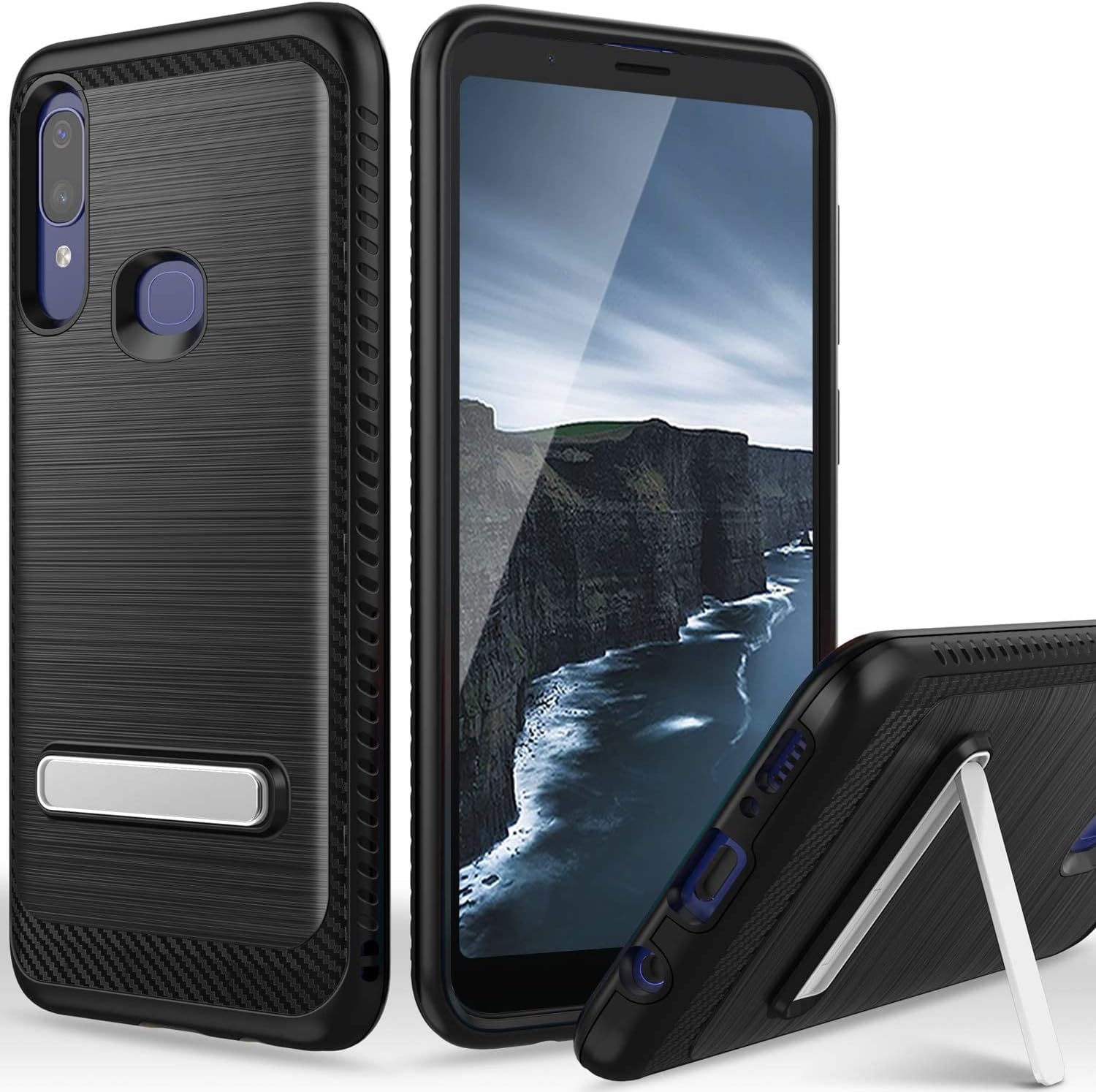 TJSPhone Case Compatible with Alcatel 3V 2019 (Not Fit Alcatel 3V 2018), Hybrid Shockproof Resist Magnetic Kickstand Metallic Brush Finish Hard Inner Layer (Black)