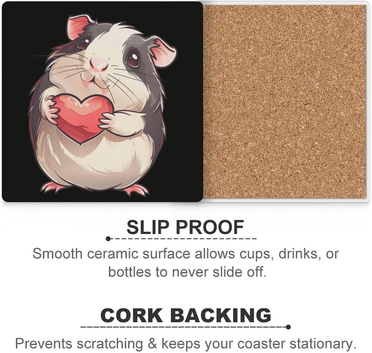 Cute Guinea Pigs Coaster for Drinks Square Ceramic Table Coasters Stone Mat Crafts 6PCS Home Kitchen Decor