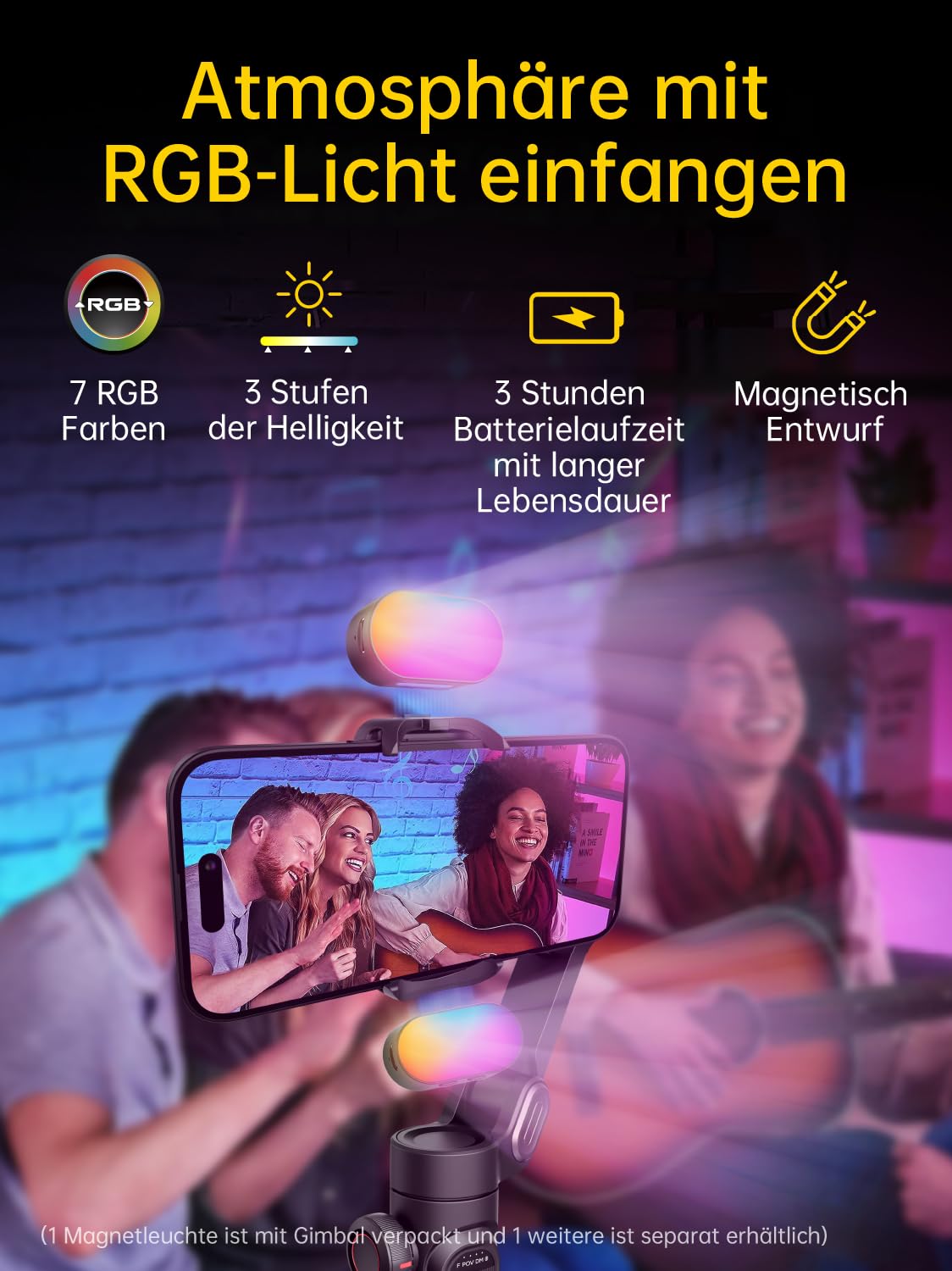 AOCHUAN 3-Achsen Gimbal Stabilisator für Smartphone mit RGB Magnetisches Fülllicht Upgraded Face Tracking Focus Wheel Faltbarer Phone Gimbal für iPhone/Androidn Stabilisator Vlog Aufnahme Smart XE Kit