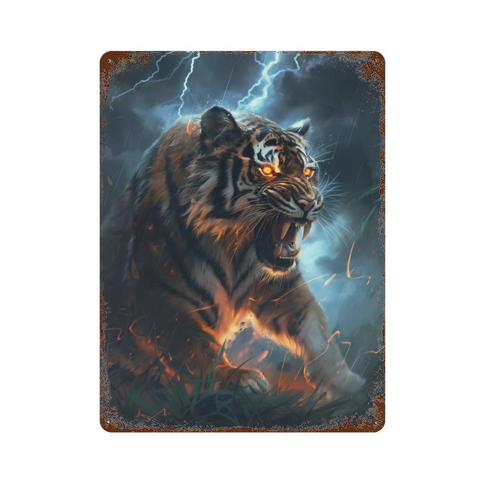 Tiger Scary Fantasy Light 15.7"x11.8" Rust Effect Tin Sign, Industrial Home Decor for Living Room, Hallway And Home Decor