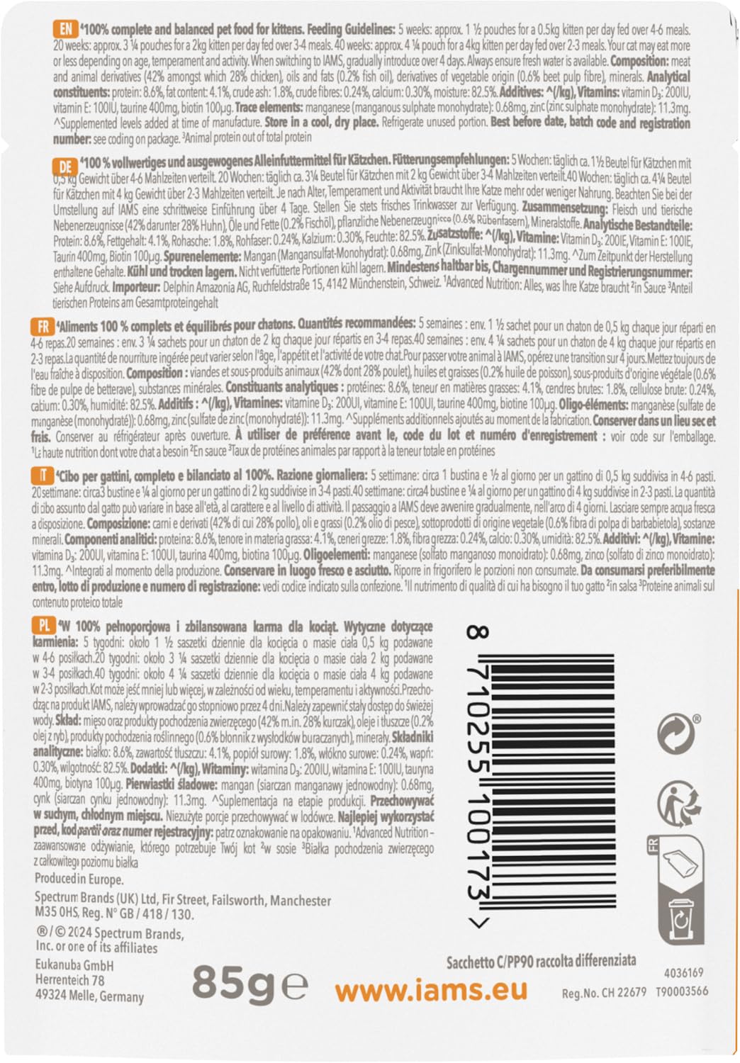 IAMS Advanced Nutrition Kitten cibo umido, multipack di cibo per gatti con pollo in salsa, cibo di alta qualità per gattini junior da 1 a 12 mesi, 24 x 85g