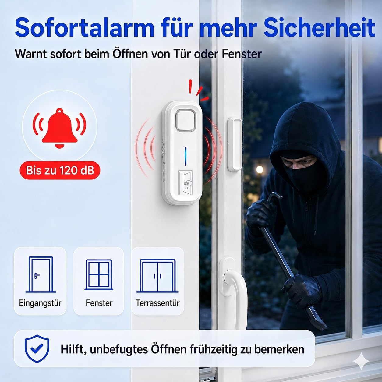 Sanjie Türalarm, Tür- und Fensteralarm Einbruchschutz mit Sofort- & Verzögerungsalarm, ohne Bohren, 0–120 dB einstellbare Lautstärke, 5 Modi, für Wohnung, Haus, Kinder & Senioren, 1er Set