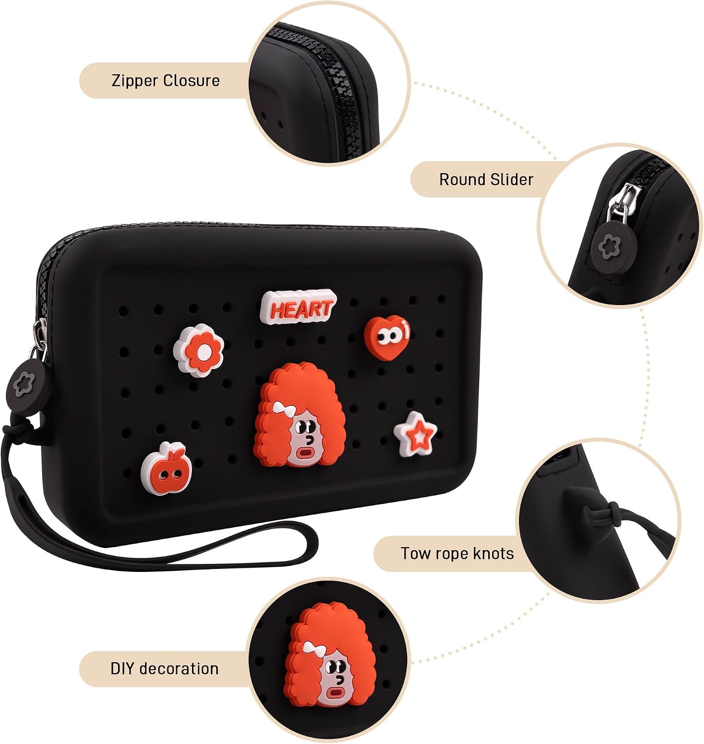 Wristlet Wallets with Charms DIY Portable Clutch Zip Silicone Purse Large Capacity Organizer