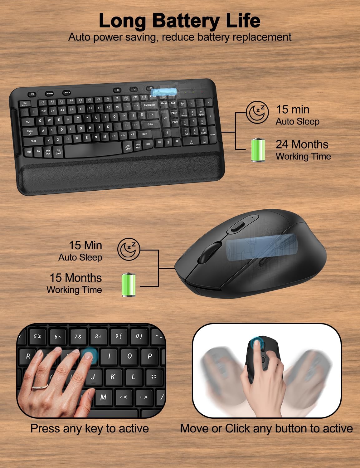 Ergonomic Wireless Keyboard and Mouse Combo, Wave Keys, Full Size Silent Keyboard with Soft Palm Rest, 3 Level DPI, 2.4G Cordless Computer Keyboard Mouse for PC, Laptop, Desktop, Windows & Mac OS