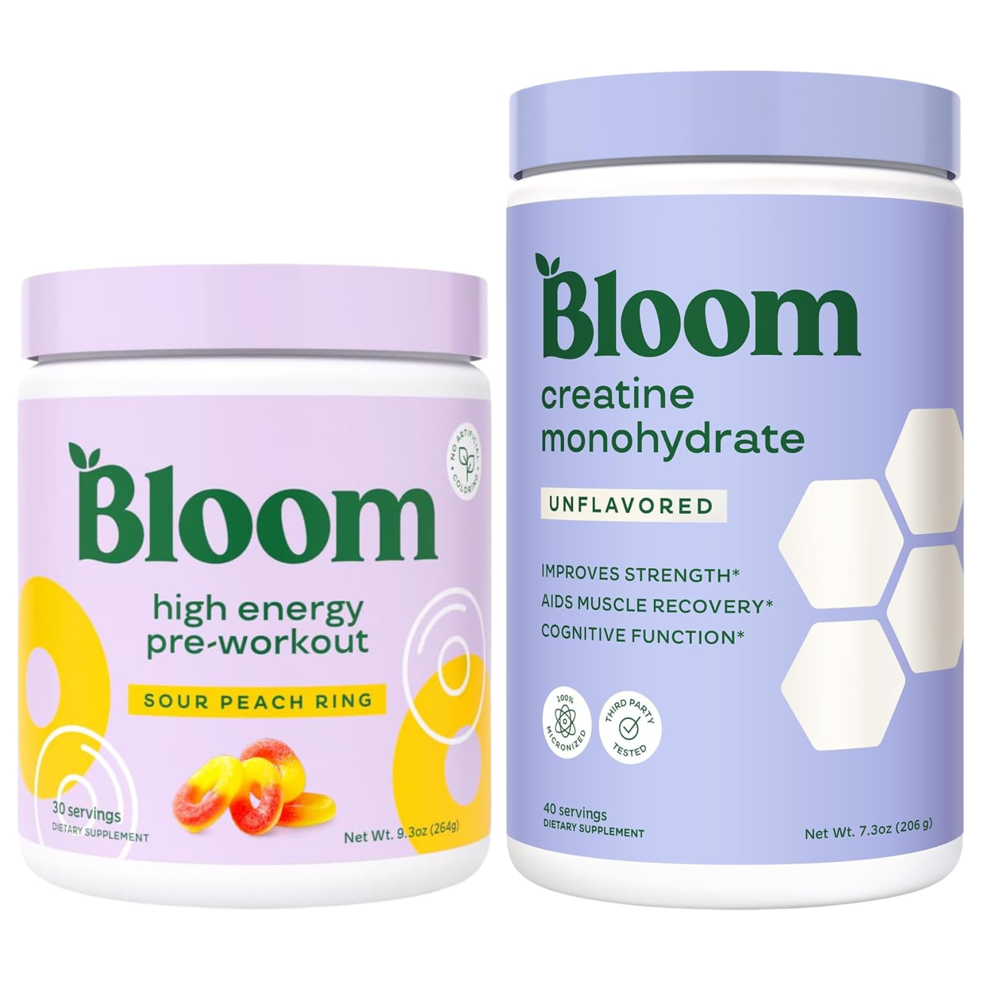 Bloom Unflavored Creatine and Sour Peach Ring Pre Workout Bundle