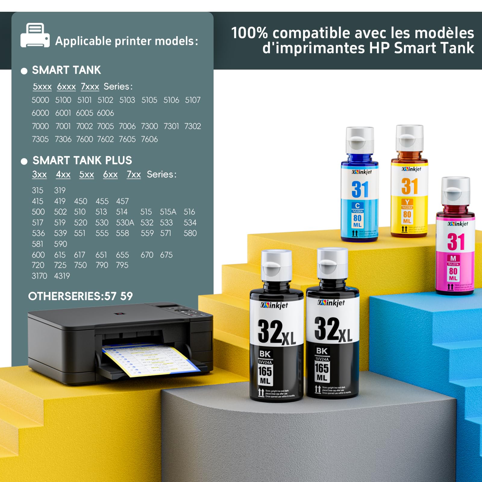 31 32xl Encre Multipack Compatible avec HP Smart Tank 5105 5106 570 7305 7306 7005 7006 7605 655 455 555 559 Imprimante, 32 XL Encre(2BK CM Y)