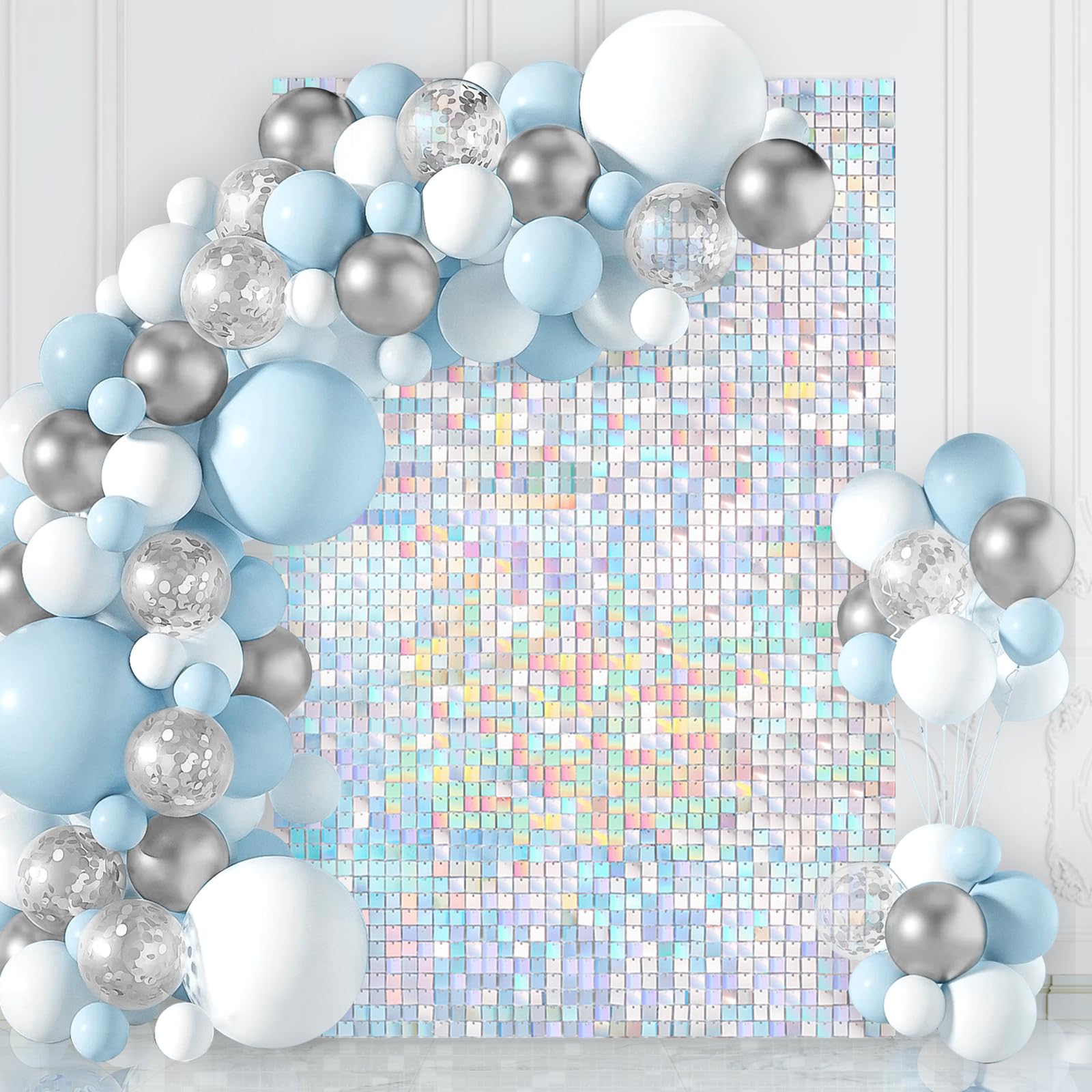 LJIE House Shimmer Wall Backdrop Rainbow Silver Sequin 12 Panels Sparkly Decorations For Birthday Anniversary Wedding Engagement