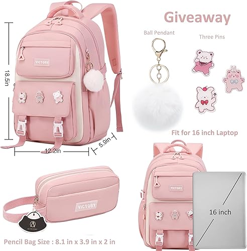 Miniatura 6 de AO ALI VICTORY Mochila para mujeres y niñas, conjunto con estuche para lápices de 15.6 pulgadas, mochila escolar para computadora portátil, mochila