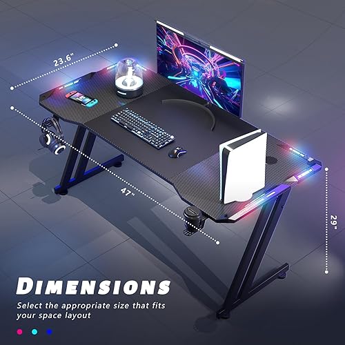 Miniatura 3 de HLDIRECT Escritorio para juegos de 47 pulgadas con luces LED, superficie de fibra de carbono, escritorio grande para computadora, escritorio