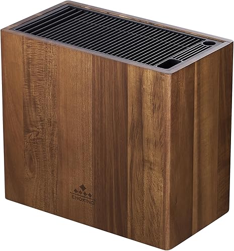 ENOKING Soporte universal para cuchillos con tapa de plástico, bloque de cuchillos de madera de acacia sin cuchillos para tijeras, barra de afilar y