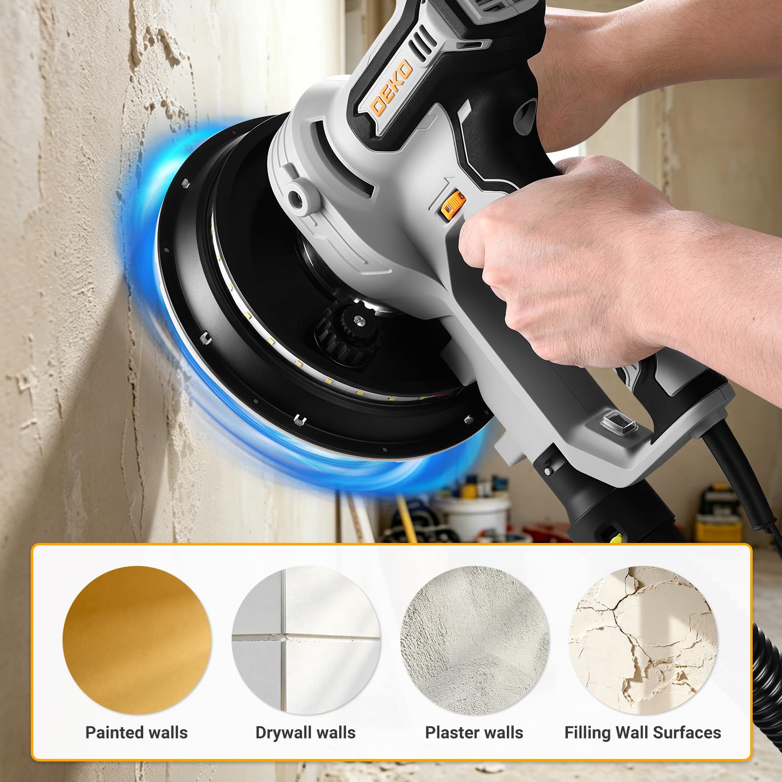 DEKO Levigatrice Muro 710W 6 Velocità, con Aspiratore LED, per Cartongesso | 1000-2100 Giri/min, Ø 180mm, Tubo Flessibile e 12 Dischi di Levigatura, Levigatrice Manuale per Pareti Intonaco e Soffitti