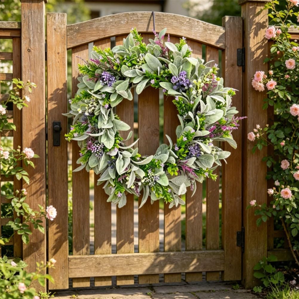 Ghirlanda di eucalipto artificiale, 45 cm, con lavanda, parte anteriore | Ghirlanda di eucalipto artificiale da 45 cm con accenti di lavanda, parte anteriore verde per decorazione porta per ingresso