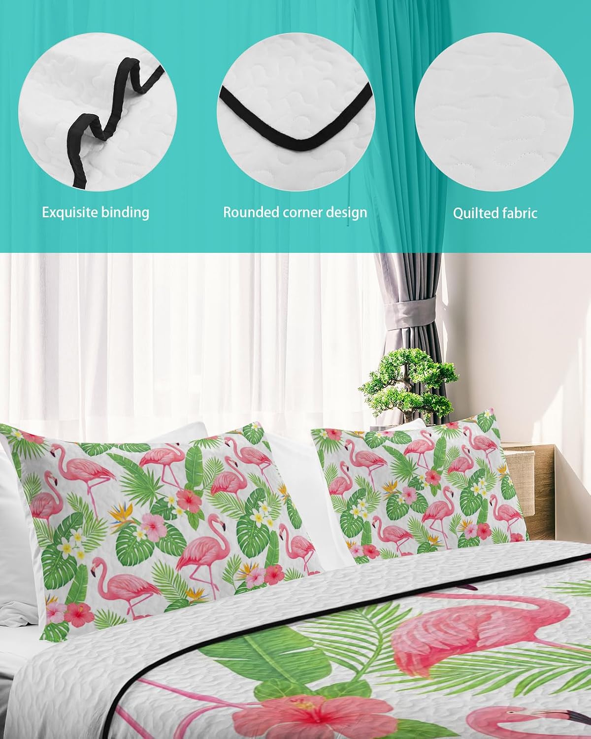 King Size Quilt Set, Cute Flamingo Tropical Leaves Lightweight Bedspread Coverlet Set Soft Microfiber Summer Quilt with 2 Pillow Shams, Summer Wild Flower 3 Piece Comforter Bedding Set
