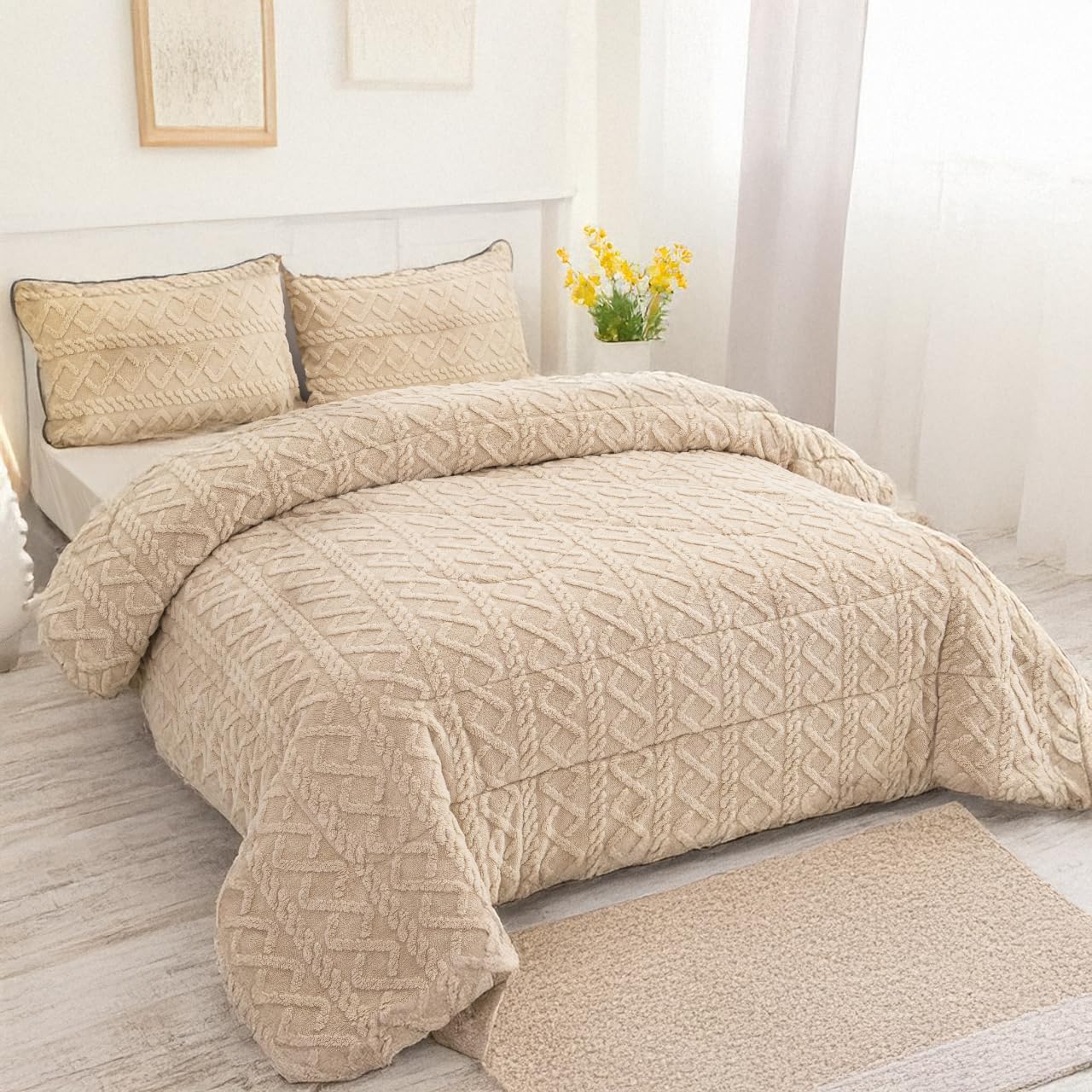 DH DREAMER HOME Edredón Borrego para Invierno 180x240cm de Cama 90/105 con 1 Funda Almohada - Edredón Sherpa Extra Suave, Cálido, Gruesa - Geométrica Beig