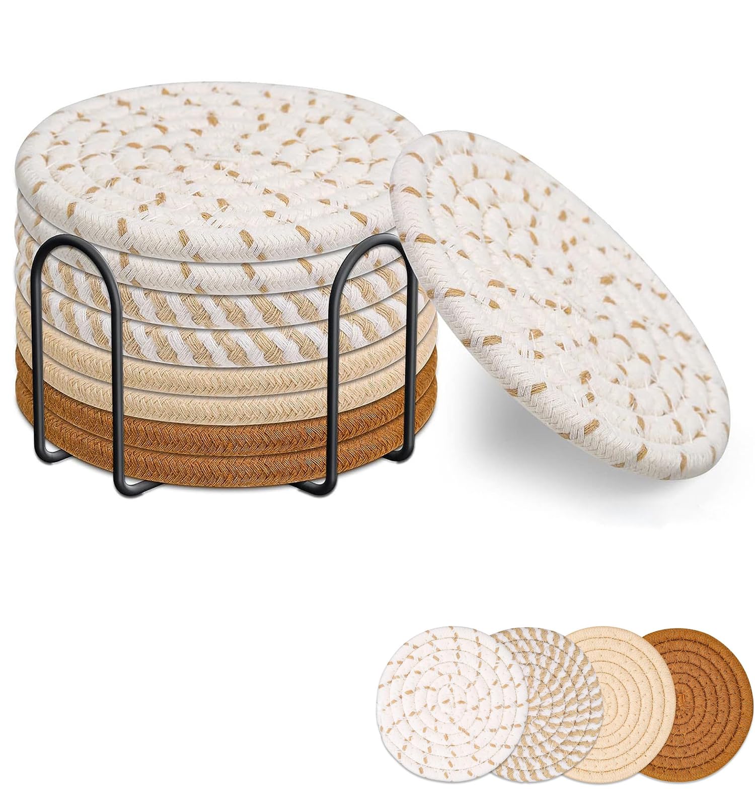 Set of 8 Minimalist Cotton Woven Drink Coasters with Holder - Absorbent Coaster Set for Home Decor and Tabletop Protection - 4.3 Inches, 4 Colors - Suitable for Various Cup Types