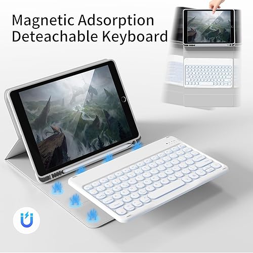 Miniatura 113 de aoub Funda para iPad de 9ª/8ª/7ª generación de 10.2 pulgadas, funda de teclado Bluetooth inalámbrica desmontable, funda trasera de TPU suave