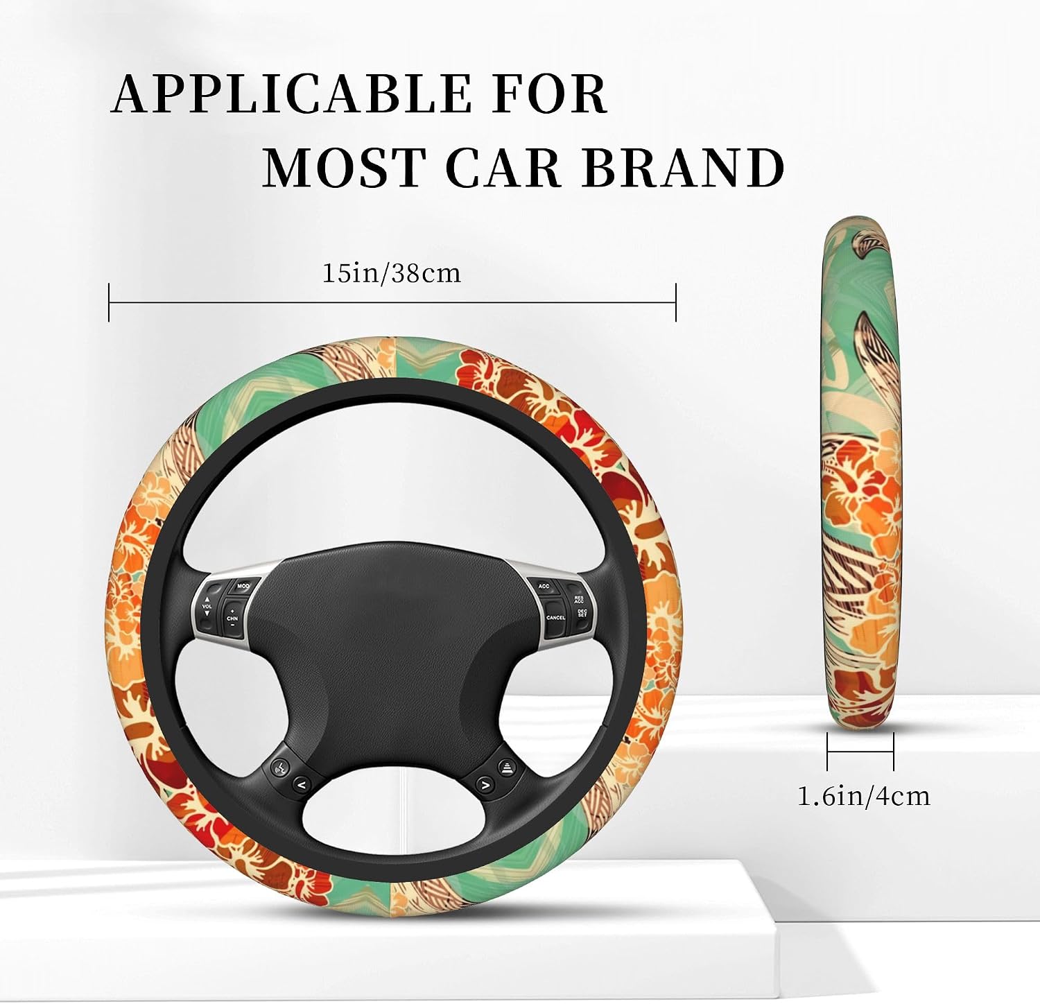 Hawaiian Island Tropical Car Steering Wheel Cover for Women Men 14-15 Inch Stretch Cloth Anti-Slip Wrap Protector Case Fit Universal Auto Accessories Decor Sweat Absorption