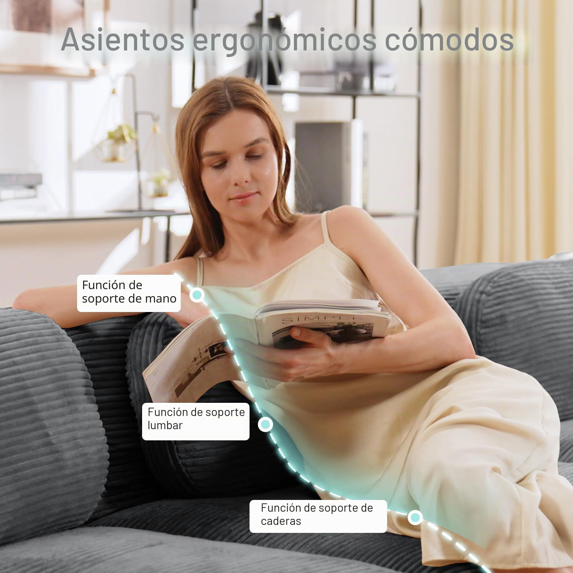 Sapgaks Sofá esquinero convertible, sofá de 2 a 4 plazas, sofá modular comprimible, se puede combinar libremente con reposabrazos y reposapiés, pana (gris 2 posiciones)