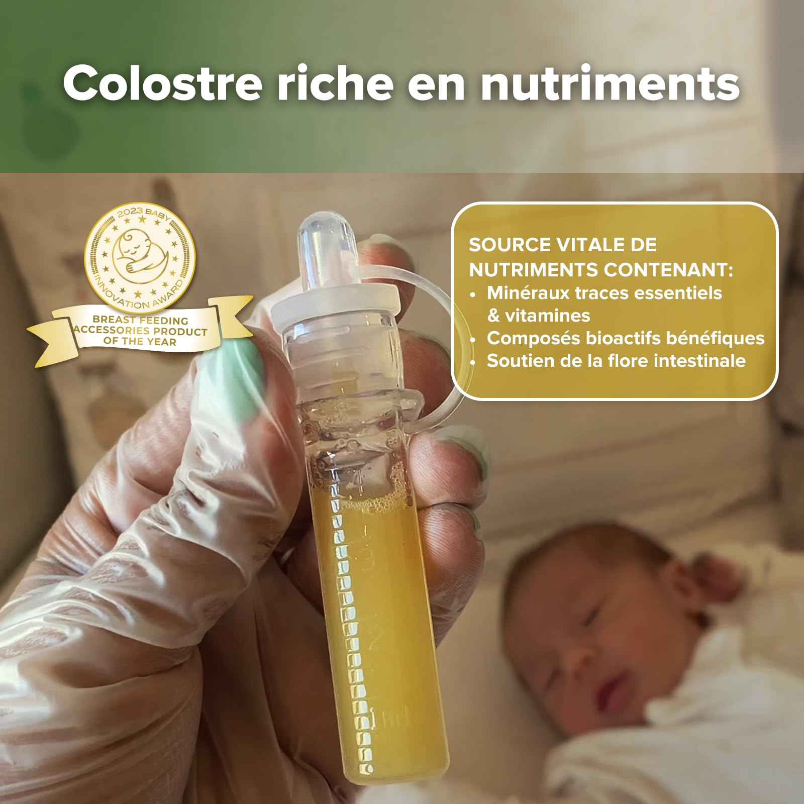 haakaa Kit Collecteur de Colostrum avec Lingette en Coton et Boîte de Rangement, Prêt à l’Emploi, Réutilisable, Sans BPA, 4ml/6 pièces