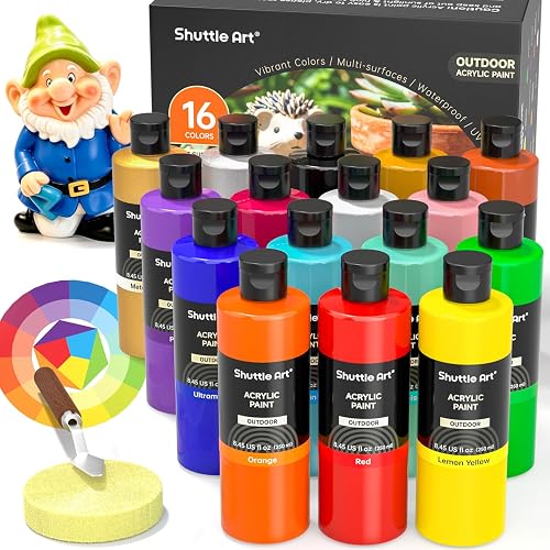 Shuttle Art Outdoor Acrylic Paint Set, 16 Colors Waterproof Paint, 8.45oz Large Bottles, Rich Pigmented Bulk Painting Supplies for Artists, Beginners on Rocks, Wood, Wall, Crafts, Garden Statues