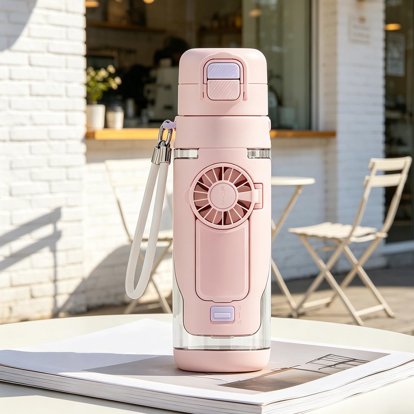 2-in-1 Sommer-Trinkbecher mit abnehmbarem 3-Gang-Handventilator, transparent, kreativ, auslaufsicher, Wasserbecher für Outdoor, Fitnessstudio, Reisen