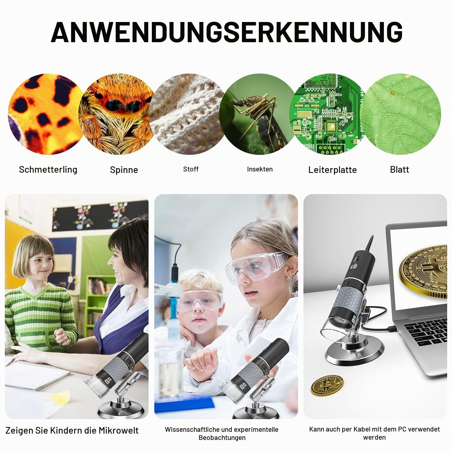 4K 3840x2160P Wireless Digital Mikroskop, Handheld HD USB Mikroskop Inspektionskamera Endoskop 40x-1000x Vergrößerung, Kompatibel mit iPhone iPad Android Phone Tablet Windows Mac PC