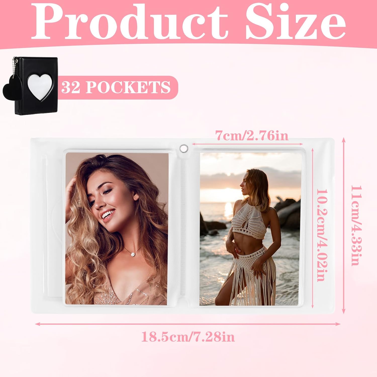 Mini Photocard Binder, 3 Inch Mini Binder for Cards Black Album Heart Hollow Card Binders with 32 Pockets Mirror-Like Photocard Binders with Pendant
