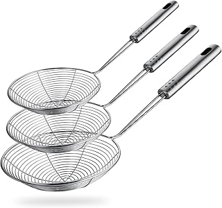 Spider Strainer Skimmer Spoon, HSpiow Set of 3 Sizes Frying Spoon Stainless Steel Fryer Scoop Wire Strainer Ladle with Long Handle for Kitchen Frying Cooking Food Pasta