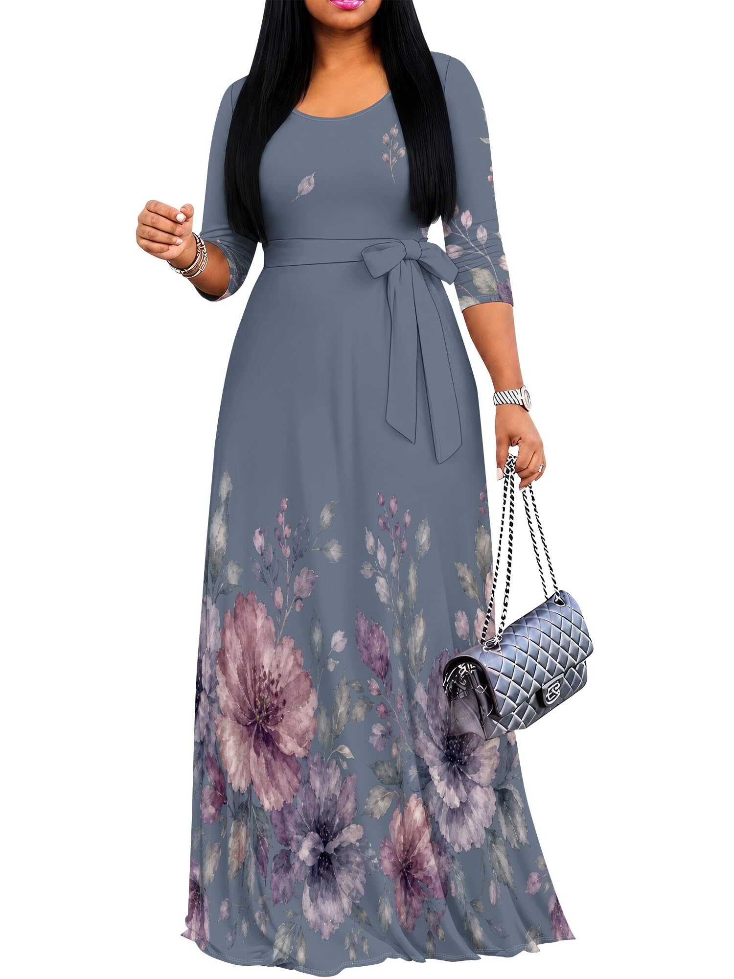 PinkPatty Women's Plus Size V Neck 3/4 Sleeve Boho Maxi Dress with Pockets | Boho printed maxi dress with pockets and tie waist for travel, vacations, weddings, church, parties, and daily wear
