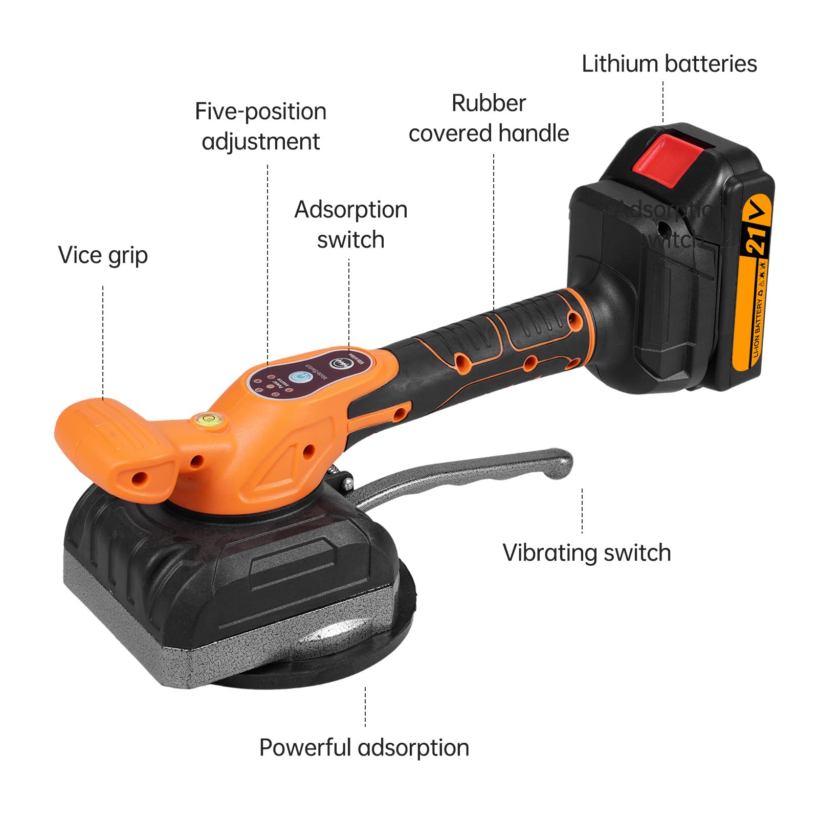 Macchina di livellamento per piastrelle senza fili, 21 V, 130 mm, ventosa 0 – 13500 giri/min, con 2 batterie, 5 velocità regolabili, alta capacità di carica, ventosa ingrandita con livella a bolla