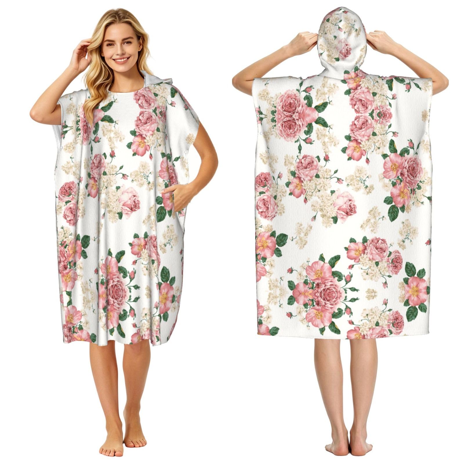 EZDLOWVBA Rose Flower With Leaves Print Hooded Poncho Microfiber Beach Towel,Adult Women & Men Changing Robe,Lightweight Summer Surf Swim Bath Poncho Towel
