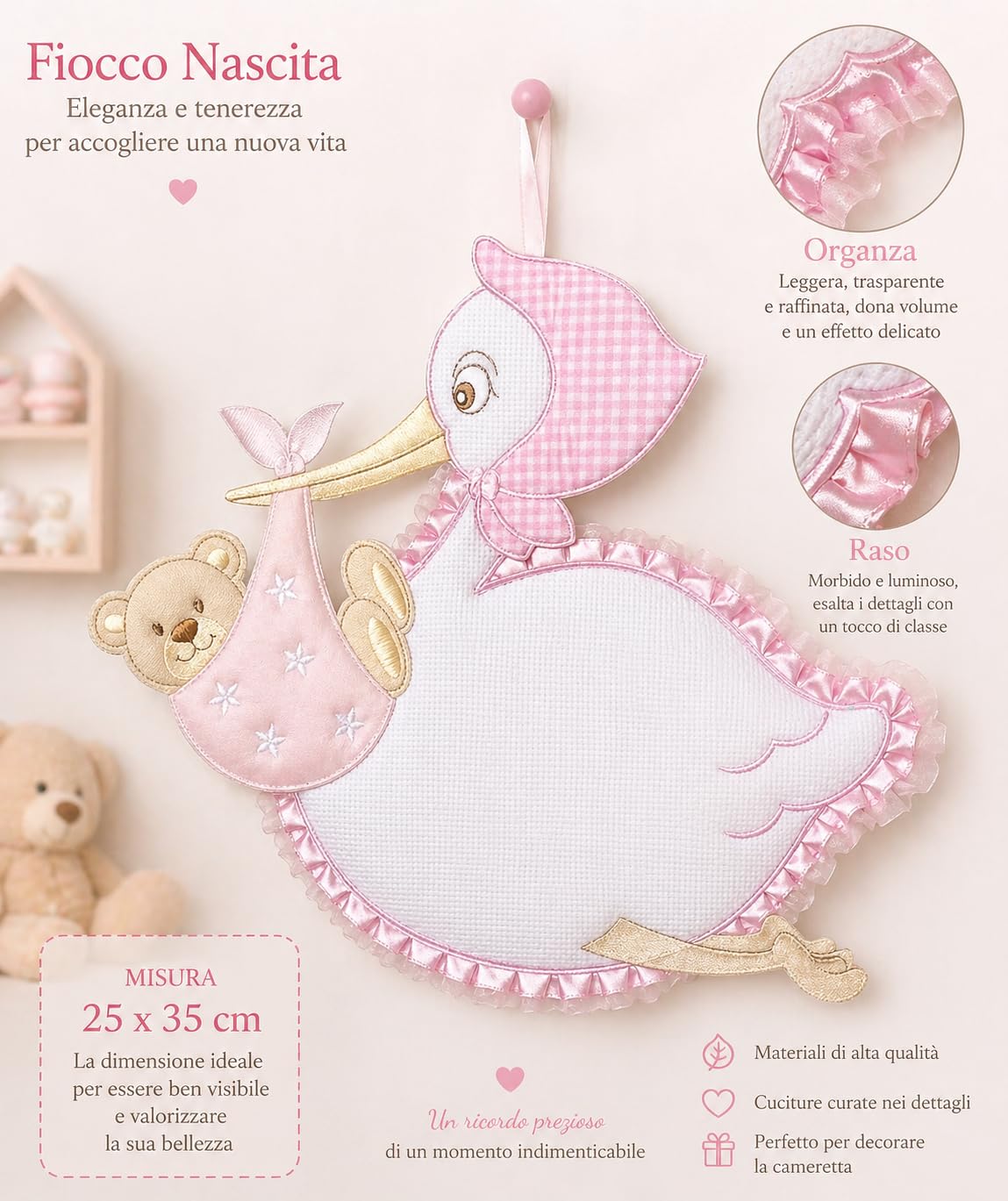 Fiocco Nascita Cicogna da Ricamare con Orsetto Rosa 25X35 cm