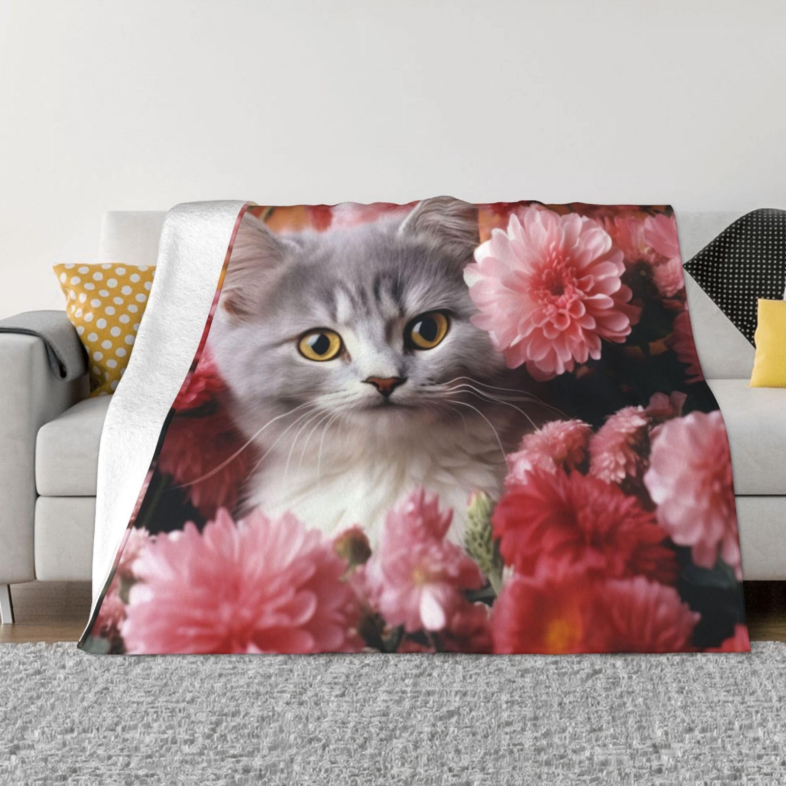 Couverture micro-polaire imprimé chat et fleurs le cadeau idéal pour toutes saisons