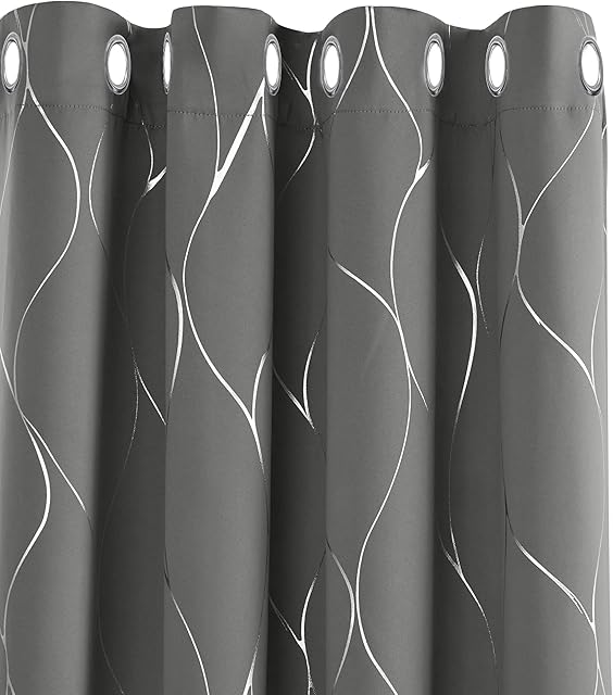Deconovo Eyelet Room Darkening Curtains, Window Treatment Silver Wave Line Foil Printed Blackout Curtains for Nursery, 66 x 72 Inch(Width x Length), Light grey, 2 panels