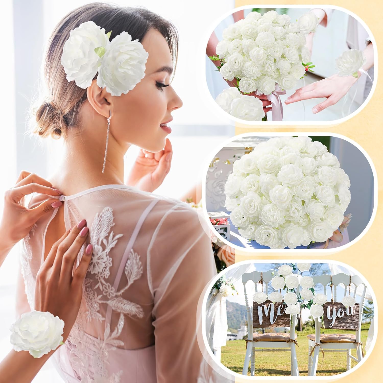 Thiccywoov 50 Pcs Artificial Flowers, 3.2 Inches Silk Rose Head Flowers Fake No Stem for Wedding Bridal Bouquet Home Floral Decor DIY Centerpieces Arrangements Party Tables Decoration(White)