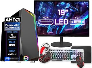 PC Gamer Completo Intel i5 11400f 11ª 8GB DDR4 RX 550 4GB SSD 240GB Monitor 19" Kit Gamer Teclado Mouse Headset