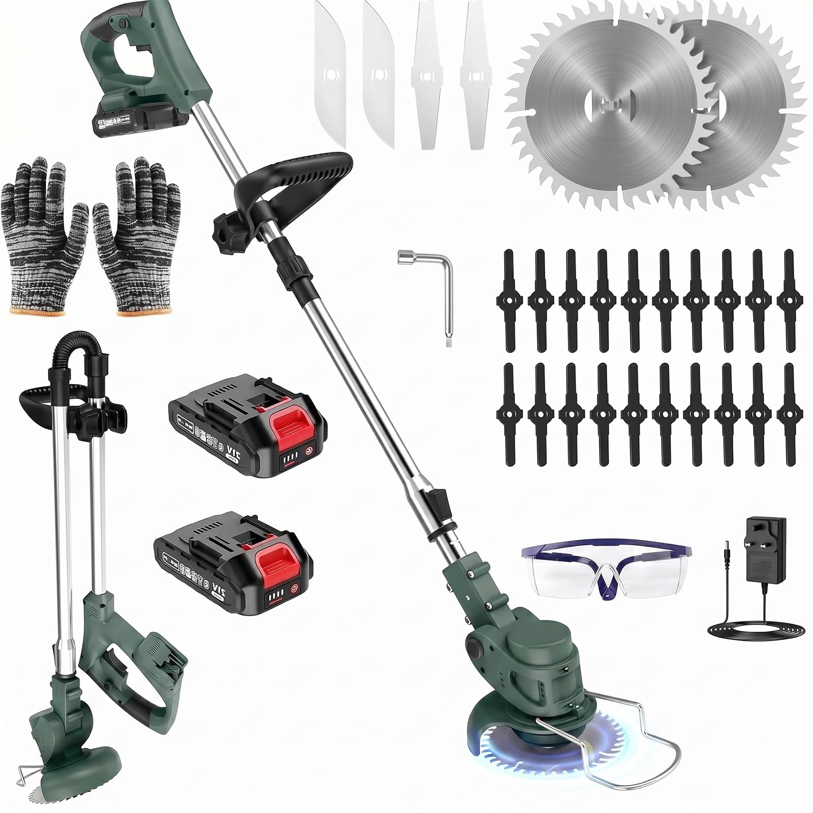 21V Cordless Strimmer, 750W Grass Trimmer with 2 x 2000mAh Batteries & Charger, Lightweight Foldable Garden Strimmer with 26 Blades for Lawn Edging, Weed Cutting & Garden Trimming (Jungle Green)